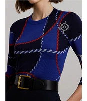 Lauren Ralph Cotton Blend Rope Print Crew Neck Long Sleeve Sweater