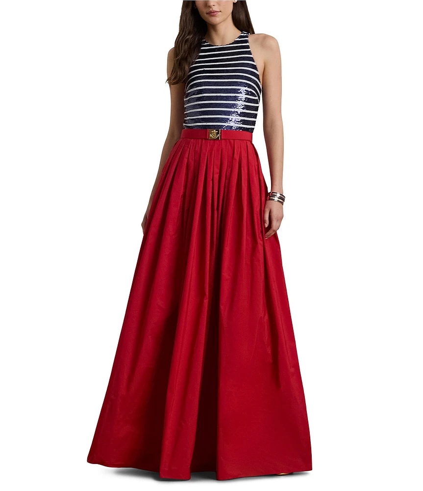 Lauren Ralph Laure Mix Media Sequin Stripe Print Halter Neck Sleeveless Gown