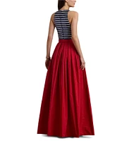 Lauren Ralph Laure Mix Media Sequin Stripe Print Halter Neck Sleeveless Gown