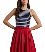 Lauren Ralph Laure Mix Media Sequin Stripe Print Halter Neck Sleeveless Gown