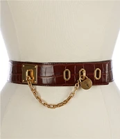 Lauren Ralph Lauren 1.75#double; Chain Padlock Croc-Embossed Wide Leather Belt