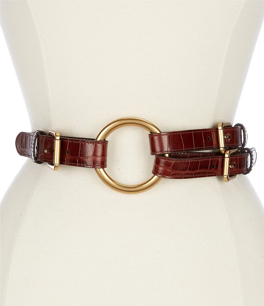 Lauren Ralph Lauren 2#double; Tri-Strap O-Ring Crocodile-Embossed Leather Belt