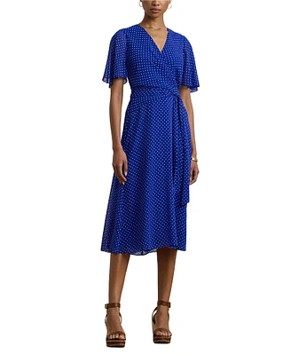 Lauren Ralph Lauren Abel Polka Dotted Crinkle Georgette Surplice V-Neck Flutter Sleeve Faux Wrap Dress