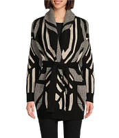 Lauren Ralph Lauren Abstract Geometric Motif Wool Knit Shawl Collar Long Sleeve Belted Cardigan