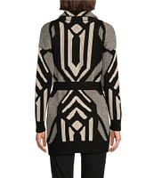 Lauren Ralph Lauren Abstract Geometric Motif Wool Knit Shawl Collar Long Sleeve Belted Cardigan