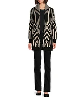 Lauren Ralph Lauren Abstract Geometric Motif Wool Knit Shawl Collar Long Sleeve Belted Cardigan