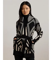 Lauren Ralph Lauren Abstract Geometric Motif Wool Knit Shawl Collar Long Sleeve Belted Cardigan