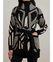 Lauren Ralph Lauren Abstract Geometric Motif Wool Knit Shawl Collar Long Sleeve Belted Cardigan