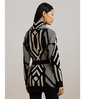 Lauren Ralph Lauren Abstract Geometric Motif Wool Knit Shawl Collar Long Sleeve Belted Cardigan