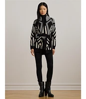 Lauren Ralph Lauren Abstract Geometric Motif Wool Knit Shawl Collar Long Sleeve Belted Cardigan