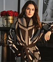 Lauren Ralph Lauren Abstract Geometric Motif Wool Knit Shawl Collar Long Sleeve Belted Cardigan