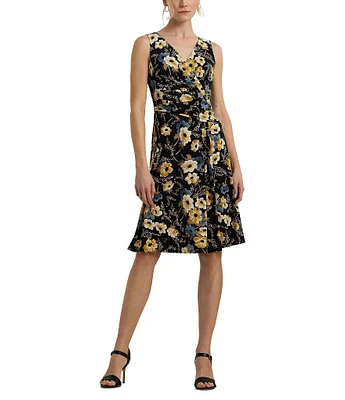 Lauren Ralph Lauren Afara Floral Jersey Surplice V-Neck Sleeveless Wrap Front Midi Dress