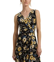 Lauren Ralph Lauren Afara Floral Jersey Surplice V-Neck Sleeveless Wrap Front Midi Dress