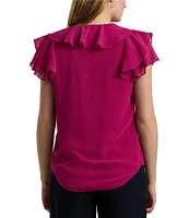 Lauren Ralph Lauren Crinkle Georgette V-Neck Short Flutter Sleeve Ruffle Blouse