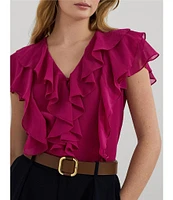 Lauren Ralph Lauren Crinkle Georgette V-Neck Short Flutter Sleeve Ruffle Blouse