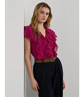 Lauren Ralph Lauren Crinkle Georgette V-Neck Short Flutter Sleeve Ruffle Blouse