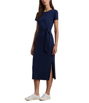 Lauren Ralph Lauren Ashire Knit Jersey Round Neck Short Sleeve Tie Front Waist Sheath Dress