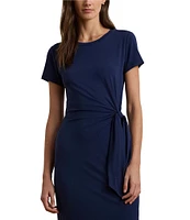 Lauren Ralph Lauren Ashire Knit Jersey Round Neck Short Sleeve Tie Front Waist Sheath Dress