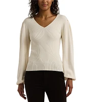 Lauren Ralph Lauren V-Neck Voluminous Blouson Sleeve Slim-Fit Sweater