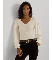 Lauren Ralph Lauren V-Neck Voluminous Blouson Sleeve Slim-Fit Sweater