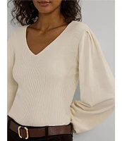 Lauren Ralph Lauren V-Neck Voluminous Blouson Sleeve Slim-Fit Sweater