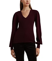 Lauren Ralph Lauren V-Neck Voluminous Blouson Sleeve Slim-Fit Sweater