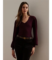 Lauren Ralph Lauren V-Neck Voluminous Blouson Sleeve Slim-Fit Sweater