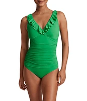 Lauren Ralph Lauren Beach Club Solids Underwire Ruffle Surplice V-Neck One Piece Swimsuit