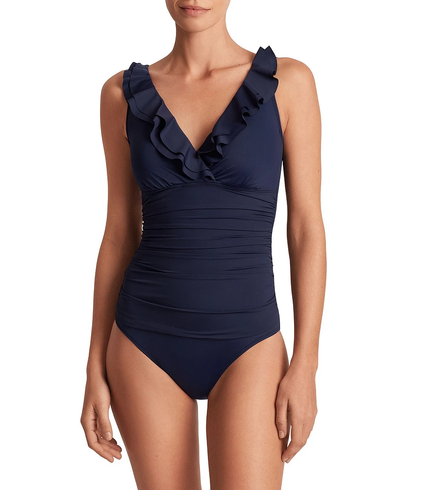 Lauren Ralph Lauren Beach Club Solids Underwire Ruffle Surplice V-Neck One Piece Swimsuit