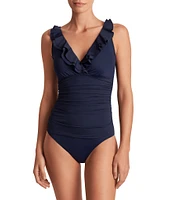 Lauren Ralph Lauren Beach Club Solids Underwire Ruffle Surplice V-Neck One Piece Swimsuit