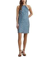 Lauren Ralph Lauren Beaded Mesh Chevron Halter Neck Sleeveless Sheath Dress