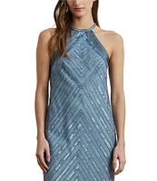 Lauren Ralph Lauren Beaded Mesh Chevron Halter Neck Sleeveless Sheath Dress