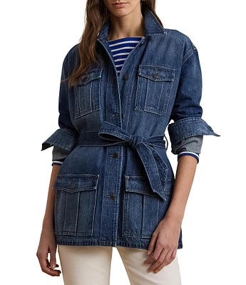 Lauren Ralph Lauren Belted Spread Collar Long Sleeve Denim Shirt Jacket