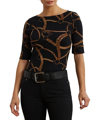 Lauren Ralph Lauren Belting Print Boat Neck Elbow Sleeve Fitted Tee