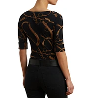 Lauren Ralph Lauren Belting Print Boat Neck Elbow Sleeve Fitted Tee
