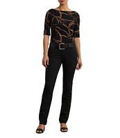 Lauren Ralph Lauren Belting Print Boat Neck Elbow Sleeve Fitted Tee