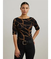Lauren Ralph Lauren Belting Print Boat Neck Elbow Sleeve Fitted Tee