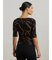 Lauren Ralph Lauren Belting Print Boat Neck Elbow Sleeve Fitted Tee