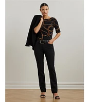 Lauren Ralph Lauren Belting Print Boat Neck Elbow Sleeve Fitted Tee