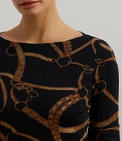 Lauren Ralph Lauren Belting Print Boat Neck Elbow Sleeve Fitted Tee