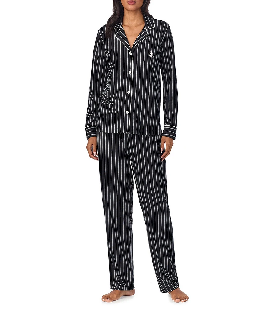 Lauren Ralph Lauren Black Stripe Print Long Sleeve Notch Collar Knit Pajama Set