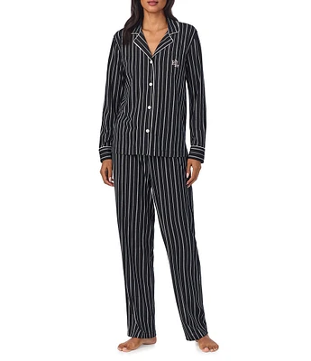 Lauren Ralph Lauren Black Stripe Print Long Sleeve Notch Collar Knit Pajama Set