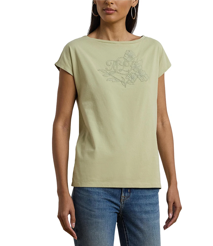 Lauren Ralph Lauren Boat Neck Short Sleeve Embroidered Tee