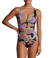 Lauren Ralph Lauren Bordado Paisley V-Neck Shirred Bodice Underwire One Piece Swimsuit