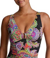 Lauren Ralph Lauren Bordado Paisley V-Neck Shirred Bodice Underwire One Piece Swimsuit