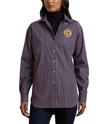 Lauren Ralph Lauren Broadcloth Woven French Navy Vertical Stripe Crest-Embroidered Point Collar Long Sleeve Button Down Shirt