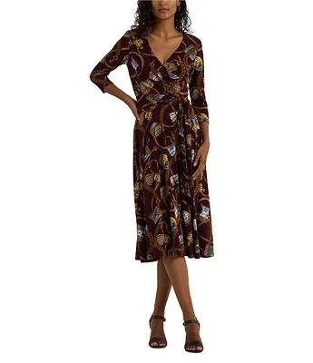 Lauren Ralph Lauren Carlyna Belt Print Jersey V-Neck 3/4 Sleeve Tie Waist Midi Dress