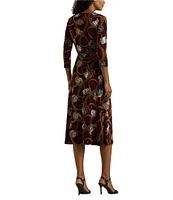 Lauren Ralph Lauren Carlyna Belt Print Jersey V-Neck 3/4 Sleeve Tie Waist Midi Dress