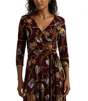 Lauren Ralph Lauren Carlyna Belt Print Jersey V-Neck 3/4 Sleeve Tie Waist Midi Dress