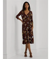 Lauren Ralph Lauren Carlyna Belt Print Jersey V-Neck 3/4 Sleeve Tie Waist Midi Dress